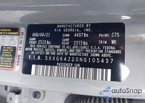 2022 Kia K5 Gt-Line из США, поврежденный, VIN 5XXG64J20NG105437